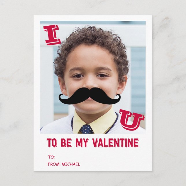 Postal Festiva Aula de San Valentín para niños de Mustache (Anverso)