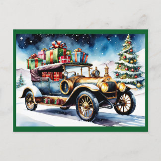 Postal Festiva Auto vintage con regalos de Navidades