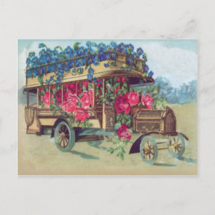 Postal Festiva Autobús Victoriano Antiguo Lleno de Flores de Pasc