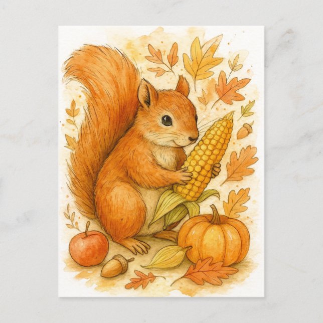 Postal Festiva Autumn Squirrel with Corn Thanksgiving Postcard (Anverso)