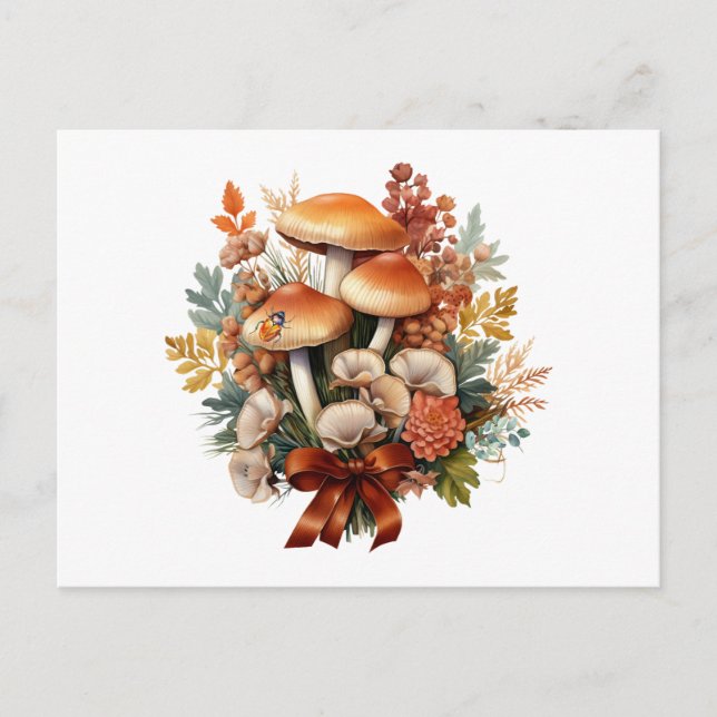 Postal Festiva Autumn Wild Mushrooms y deja el bosque collage (Anverso)