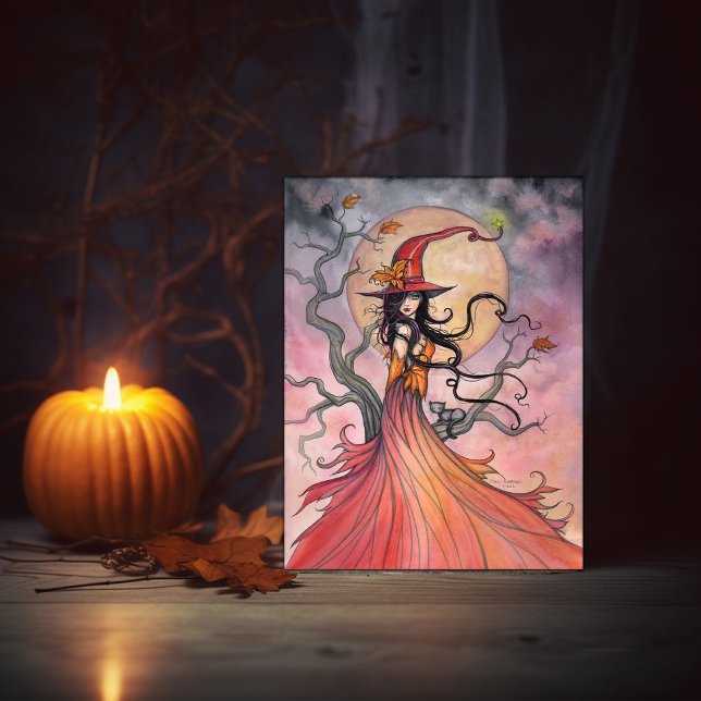 Postal Festiva Autumt Magic Witch and Cat Fantasy Halloween Art (Subido por el creador)