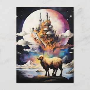 Postal Festiva Aventura retro celestial de la oveja
