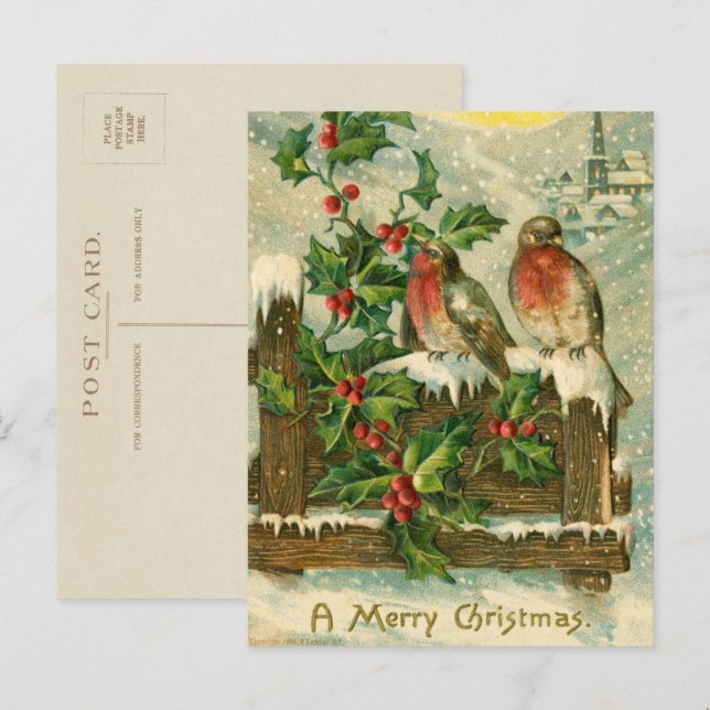 Postal Festiva Aves antiguas de 1906 en Navidades de nieve (Anverso / Reverso)