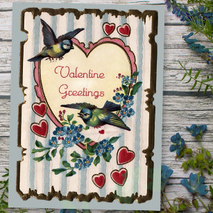 Postal Festiva Aves azules vintage y corazón San Valentín postale