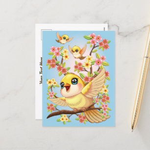 Postal Festiva Aves cortas y felices entre las flores de primaver