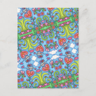 POSTAL FESTIVA AVES DE ARTE FOLLETO SIMÍTICO, JARDÍN DE CORAZÓN D