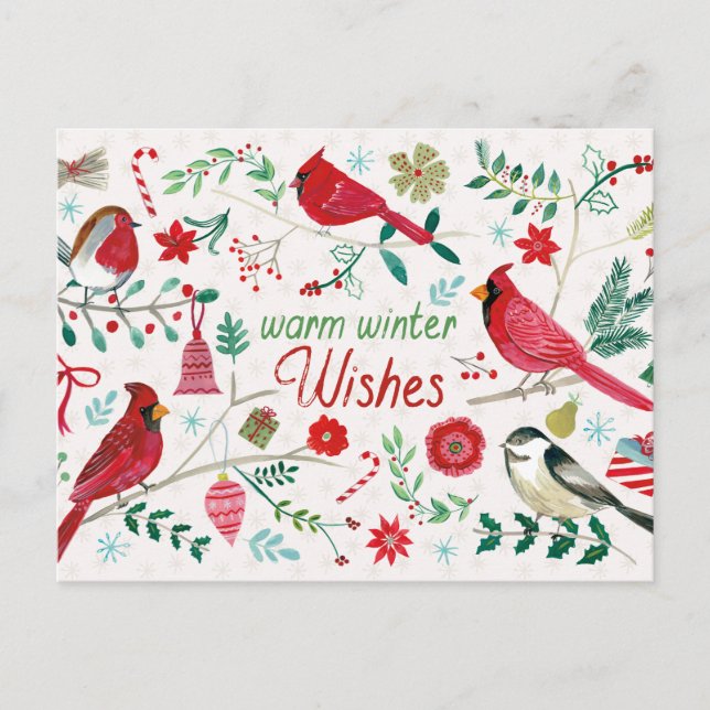 Postal Festiva Aves de invierno - Deseos cálidos (Anverso)