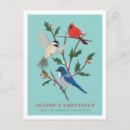 Postal Festiva Aves de invierno ilustradas