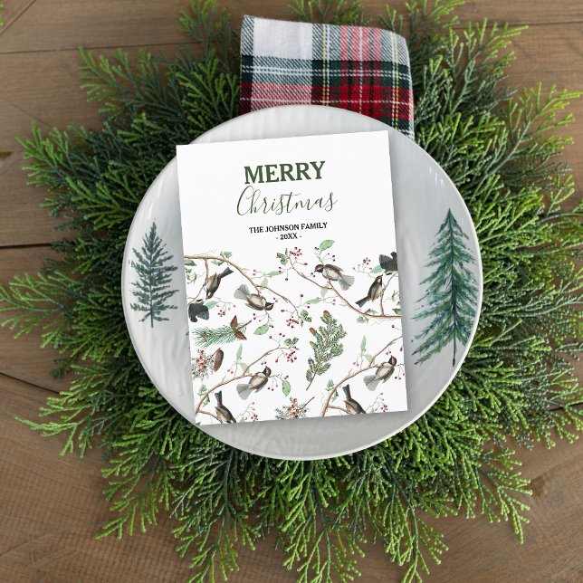Postal Festiva Aves de pollo Navidades de Berries y Pinecones (Chickadee Birds Berries & Pinecones Christmas Holiday Postcard)