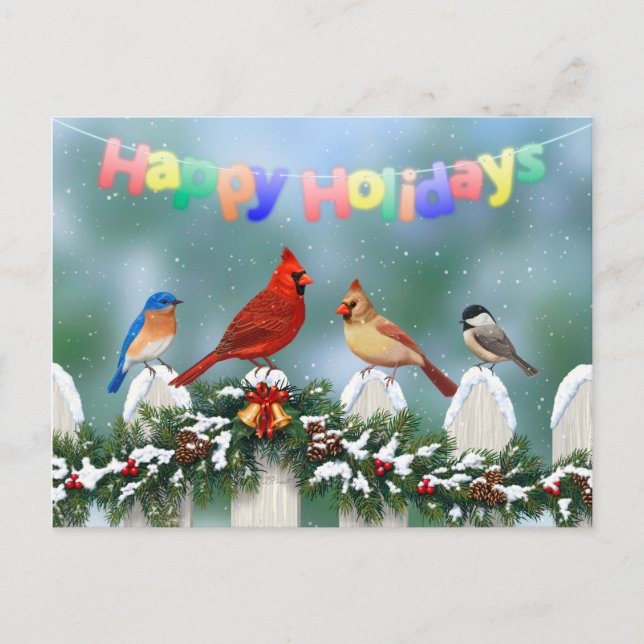 Postal Festiva Aves de vacaciones y Navidades Garland (Anverso)
