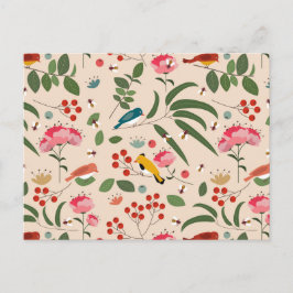 Postal Festiva Aves florales dibujadas a mano Patrón botánico de 
