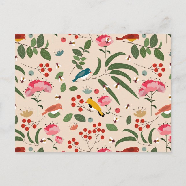 Postal Festiva Aves florales dibujadas a mano Patrón botánico de  (Anverso)