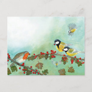 Postal Festiva Aves grandes, Robin Rojo y Berries Hawthorn