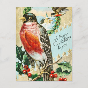 Postal Festiva Aves navideñas vintage y nieve holly de invierno