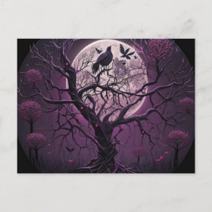 Postal Festiva Aves negras de árbol púrpura Halloween Luna llena