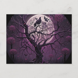 Postal Festiva Aves negras de árbol púrpura Halloween Luna llena