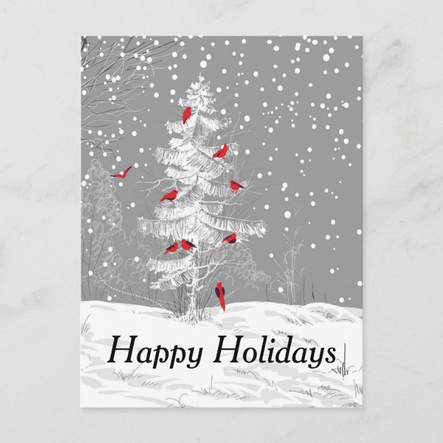 Postal Festiva Aves rojas, Navidades blancos, vacaciones felices, (Anverso)