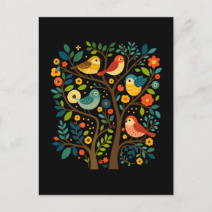 Postal Festiva Aves y flores Arte folclórico escandinavo