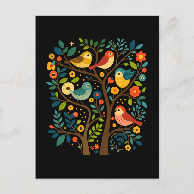 Postal Festiva Aves y flores Arte folclórico escandinavo (Anverso)