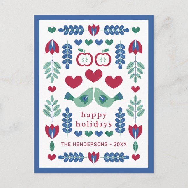 Postal Festiva Aves y hojas de arte folclórico nórdico felices (Anverso)