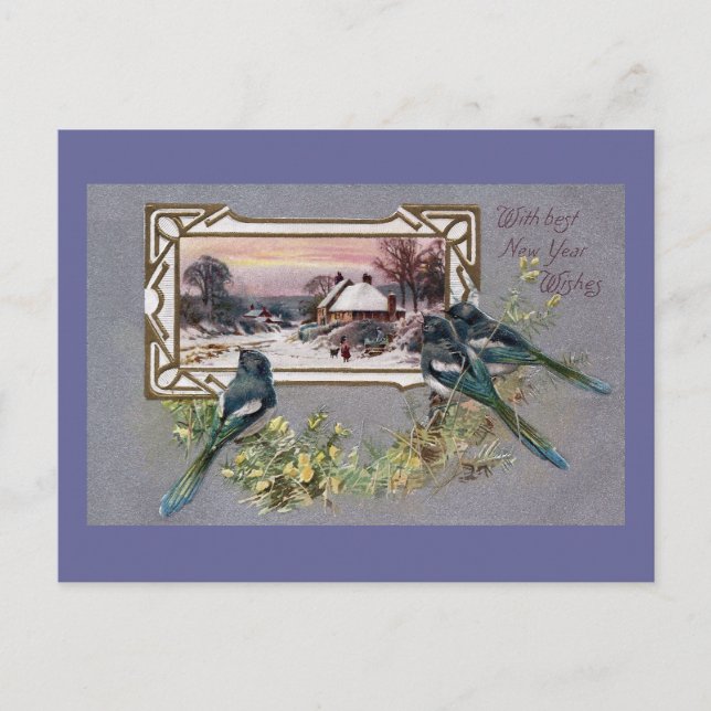 Postal Festiva Aves y la escena invernal de Año Nuevo (Anverso)