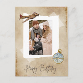 Postal Festiva Avión de época y brújula con foto.Aviación