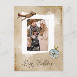 Postal Festiva Avión de época y brújula con foto.Aviación