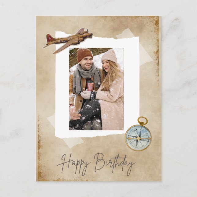 Postal Festiva Avión de época y brújula con foto.Aviación (Anverso)