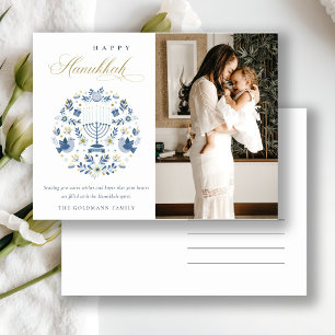 Postal Festiva Azul de la Marina Clásica Feliz Hanukkah 1 Foto Fl