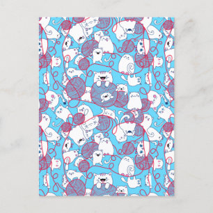 Postal Festiva Azul Divertido Lindo Kit de Tejer Gatito Bola