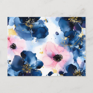 Postal Festiva Azul Marino Rosado Dorado Floral Acuarela