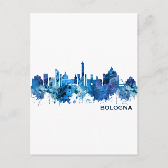 Postal Festiva Azul Skyline de Bologna Italia (Anverso)