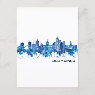 Postal Festiva Azul Skyline de Des Moines Iowa