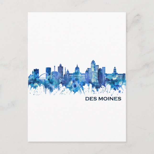 Postal Festiva Azul Skyline de Des Moines Iowa (Anverso)