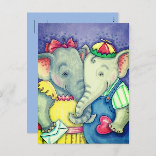 POSTAL FESTIVA BABY ELEFANTES PRIMERO AMOR, AMIGOS CUTOS PACHIDER (Anverso / Reverso)