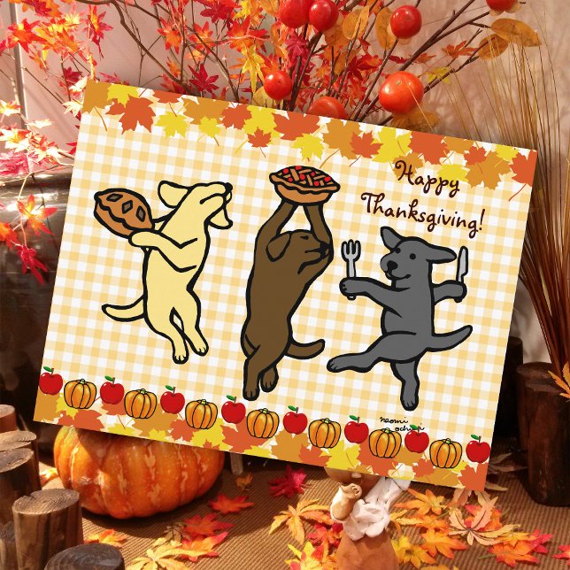 Postal Festiva Baile Labrador Trio Acción de Gracias (Dancing Labradors Trio Thanksgiving Postcard for Labrador Owners.  Cute three Labs cartoon design. )