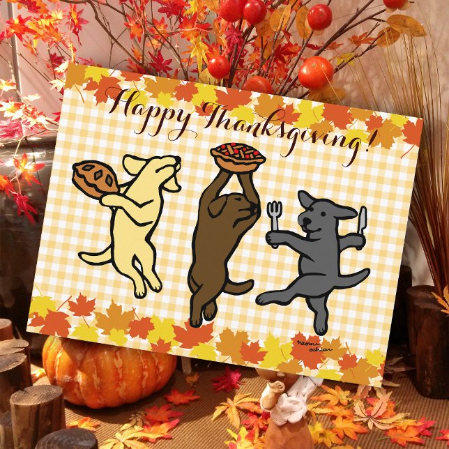 Postal Festiva Baile Labrador Trio Acción de Gracias (Dancing Labradors Trio Thanksgiving Postcard for Labrador Owners.  Cute three dogs cartoon design. )