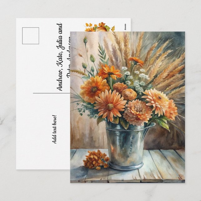Postal Festiva Balde con flores Bienvenida Caída (Anverso / Reverso)