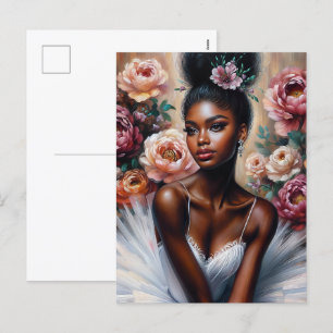 Postal Festiva Ballerina negra elegante con flores peones
