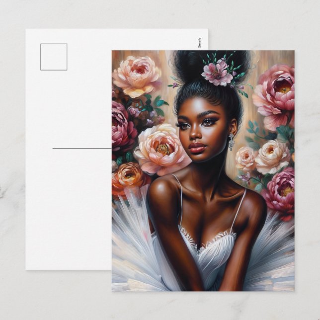 Postal Festiva Ballerina negra elegante con flores peones (Anverso / Reverso)