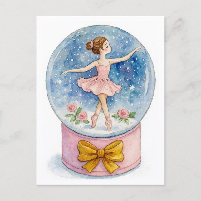 Postal Festiva Ballerina Snow Globe Christmas Postcard (Anverso)