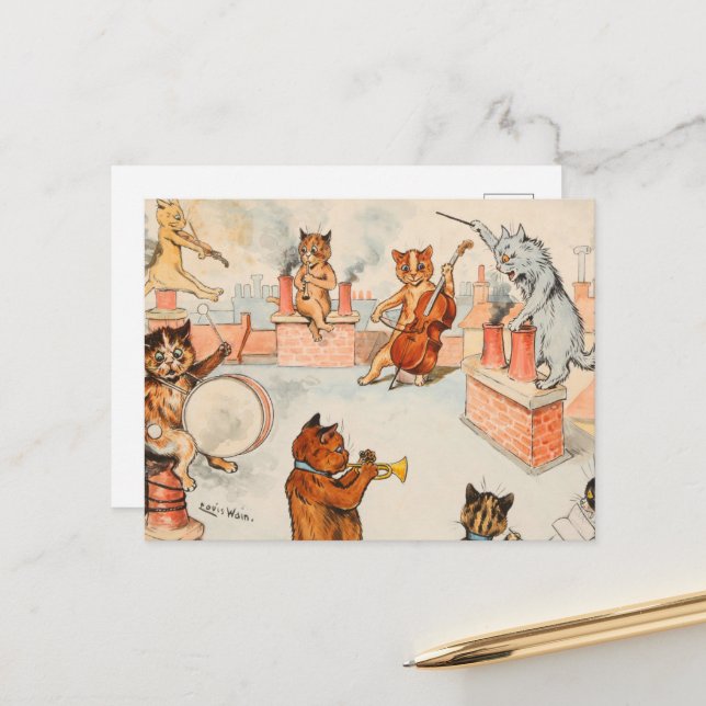 Postal Festiva Banda superior del techo por Louis Wain (Anverso/Reverso In Situ)