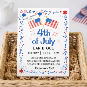 Postal Festiva Bandera Americana de BBQ con Fuegos Artificiales d