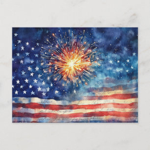Postal Festiva Bandera estadounidense y fuegos artificiales y pro