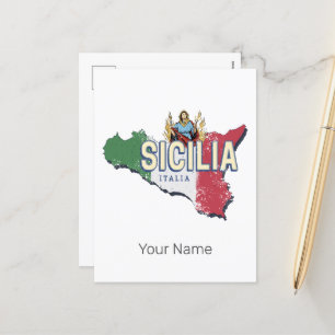 Postal Festiva Bandera Sicilia Italia Mapa retro recuerdo de époc
