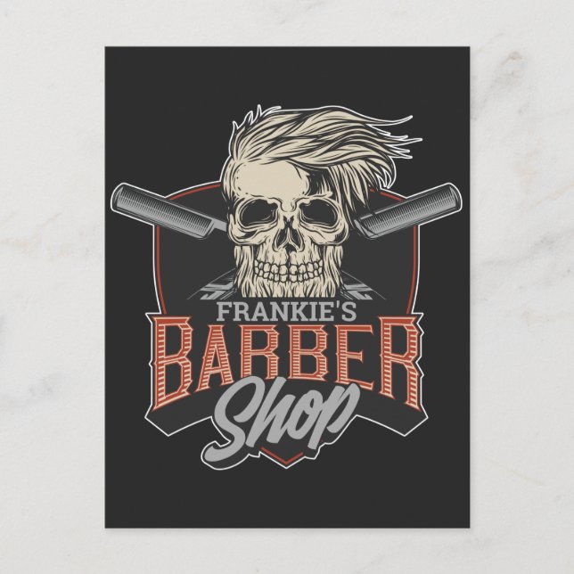 Postal Festiva Barbería personalizada Hipster Skull y Razors (Anverso)