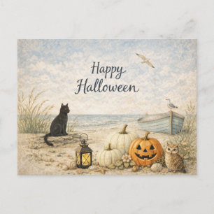 Postal Festiva Barca de Remos de Gato Negro Costero Halloween