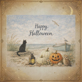 Postal Festiva Barca de Remos de Gato Negro Costero Halloween