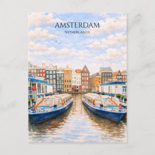 Postal Festiva Barcas del Canal de Ámsterdam Acuarela Escénica